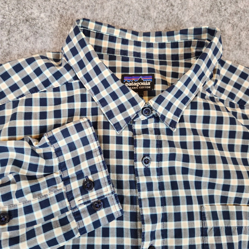 Patagonia Long-Sleeved Fezzman Shirt Men XL Blue‎ Plaid Gingham Organic Regular